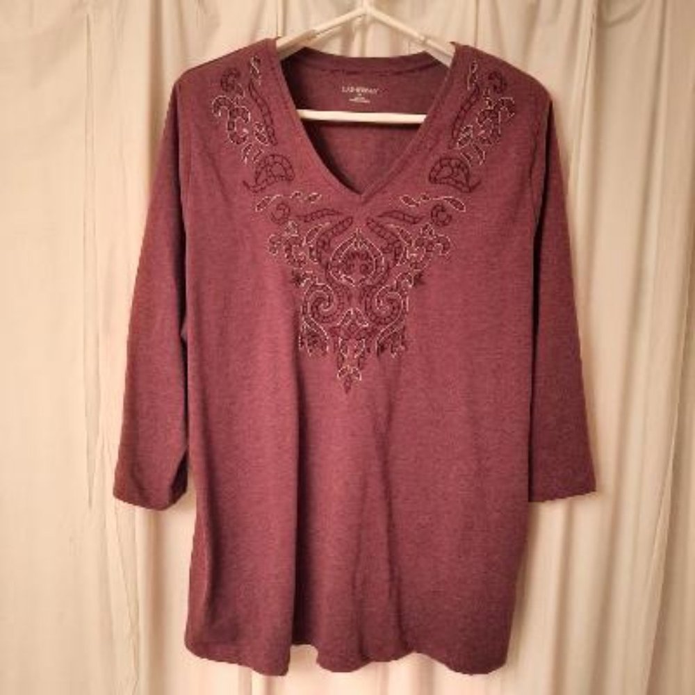 Catherines Maroon Tee with Embroidery 1X